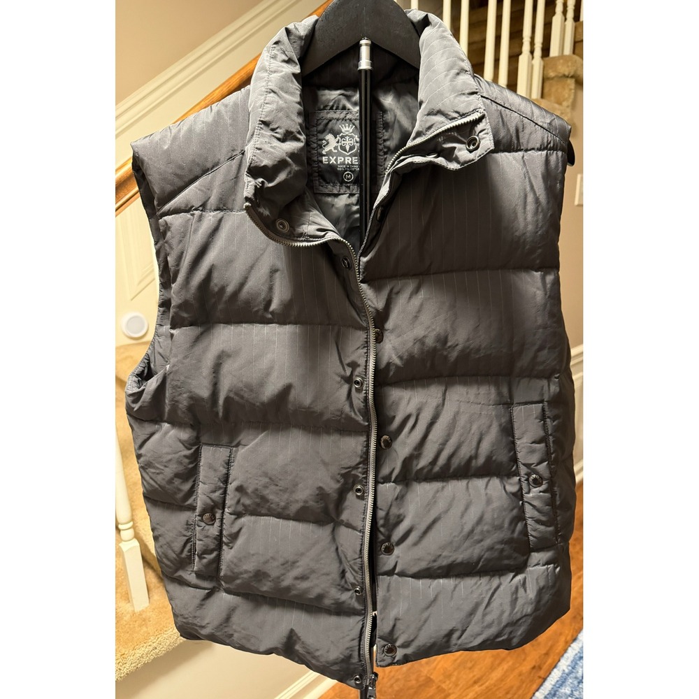 Express Mens Puffer Vest Charcoal Gray Pinstripe Quilted Full Zip Size M